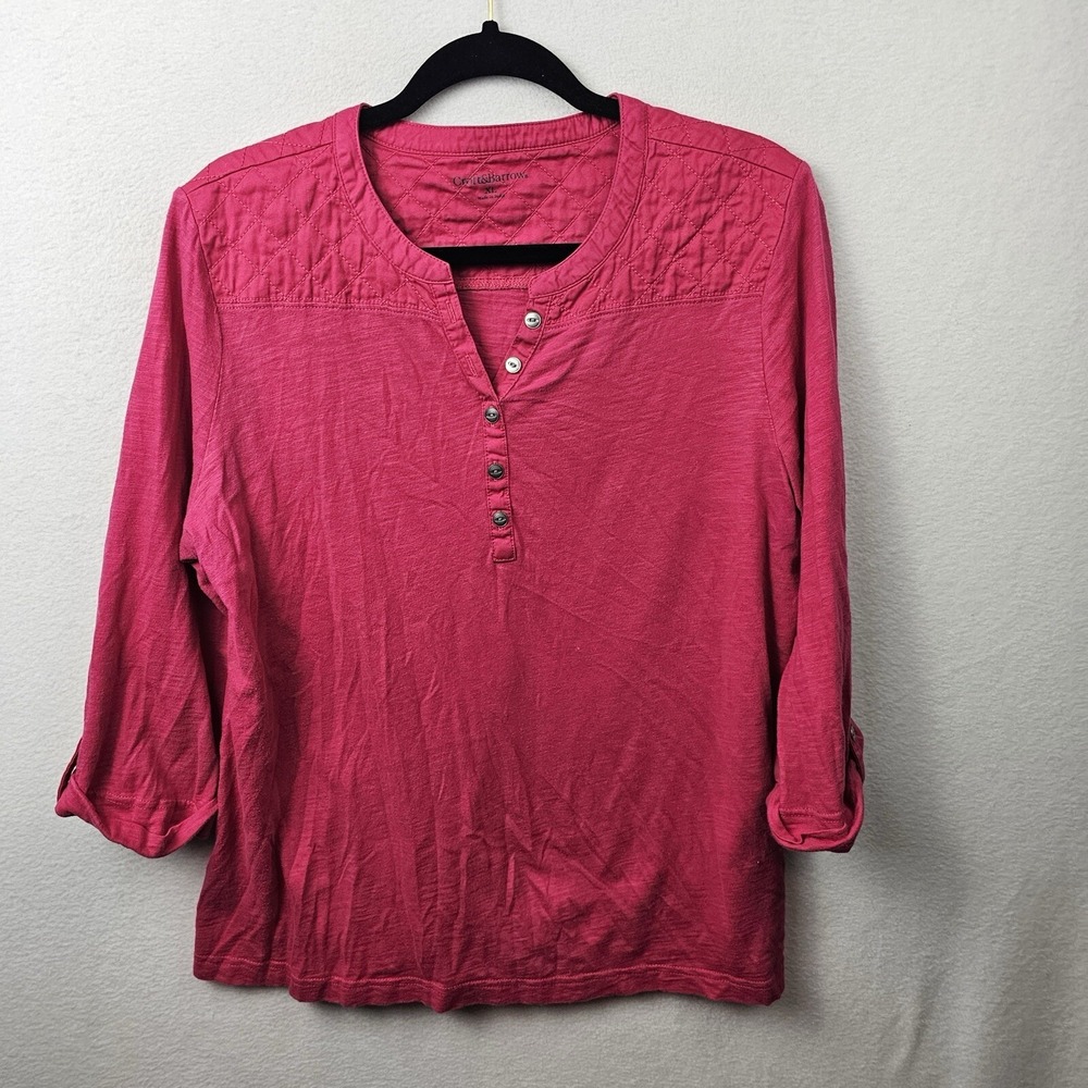 Croft & Barrow Top Woman's Size XL Hot Pink 3/4 Roll Tab Sleeve  1/4 Button Up